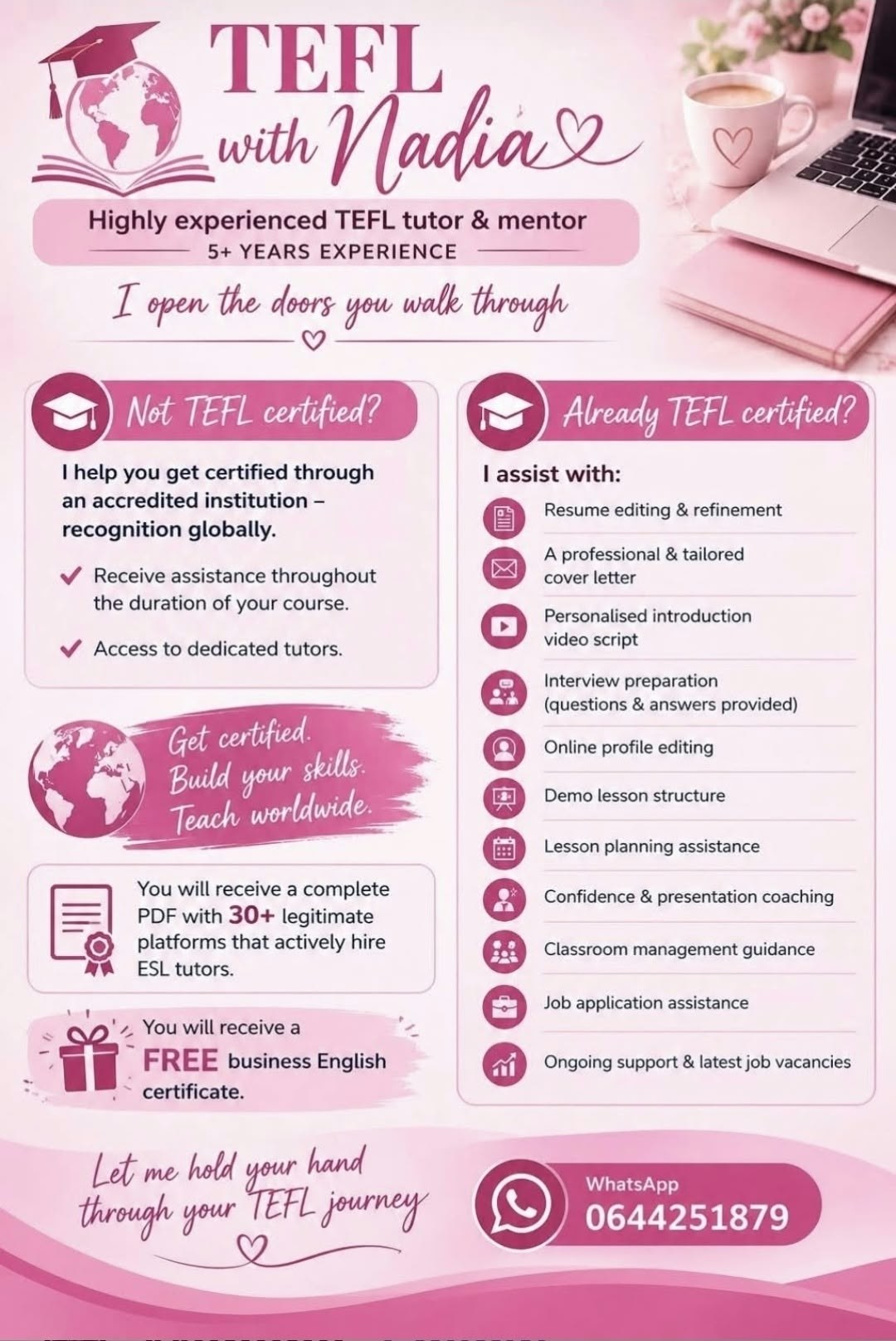 TEFL with Nadia - TEFL tutor and mentor. Tap to message her on WhatsApp.